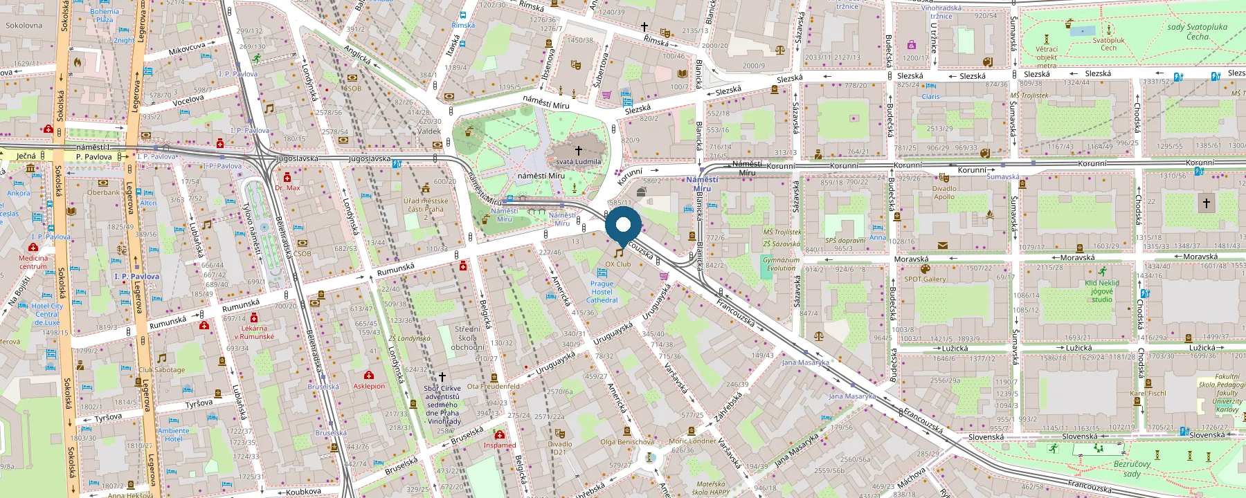 Mapa okolí Francouzská 4, Praha 2 – Vinohrady, u Náměstí Míru